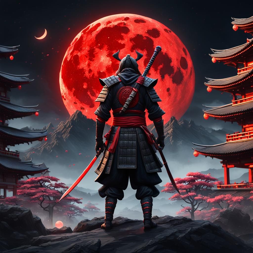 Ninja Samurai with Red Moon in Hyperrealistic Style