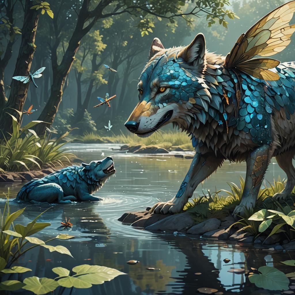 Wolf, Dragonfly, Merfolk, and Hippo in Digital Painting