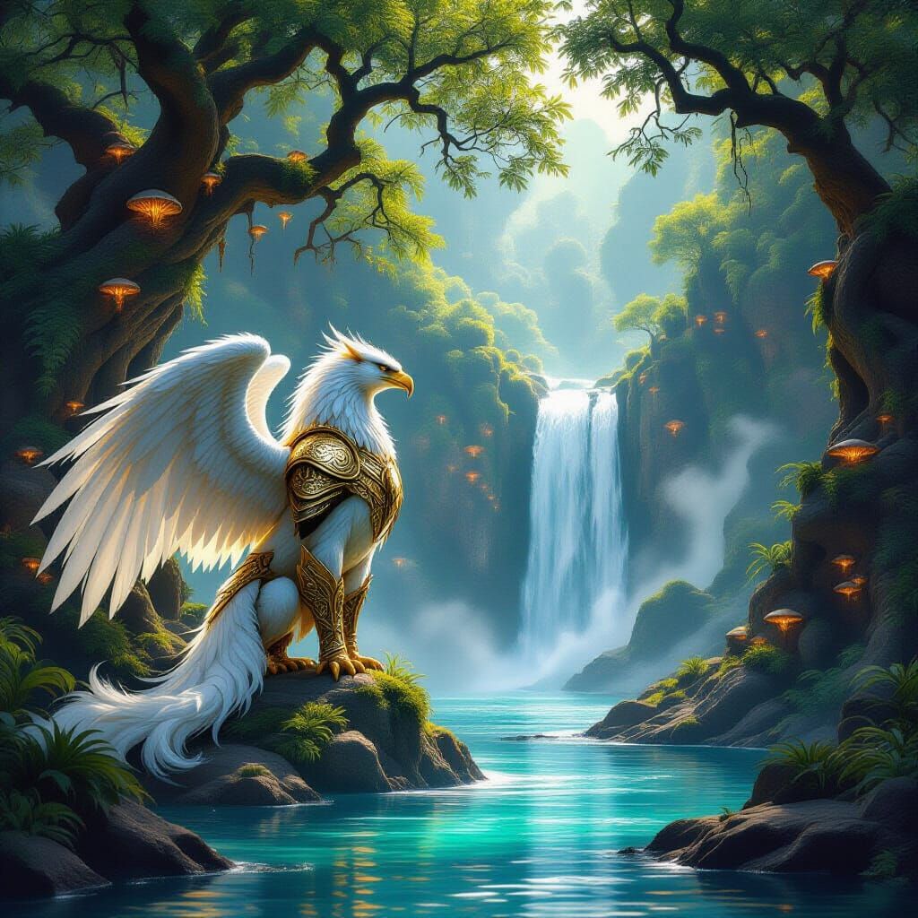 Majestic Griffin Guards Hidden Waterfall in Fantasy Art