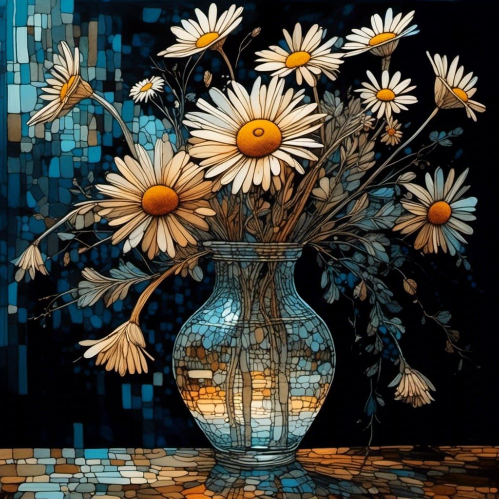 Ethereal Daisies in Glass Vase, Dark Fantasy Style