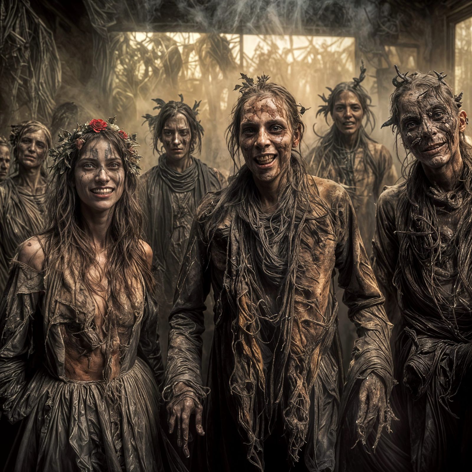 Happy People Smiling in Macabre Hyperreal Style