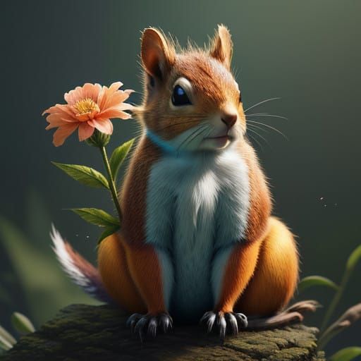 Whimsical Squirrel Cradles Delicate Flower in Dreamlike Scen...