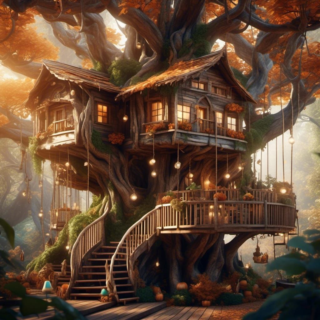 Elven Treehouse in Autumn Canopy: Hyperrealistic Image