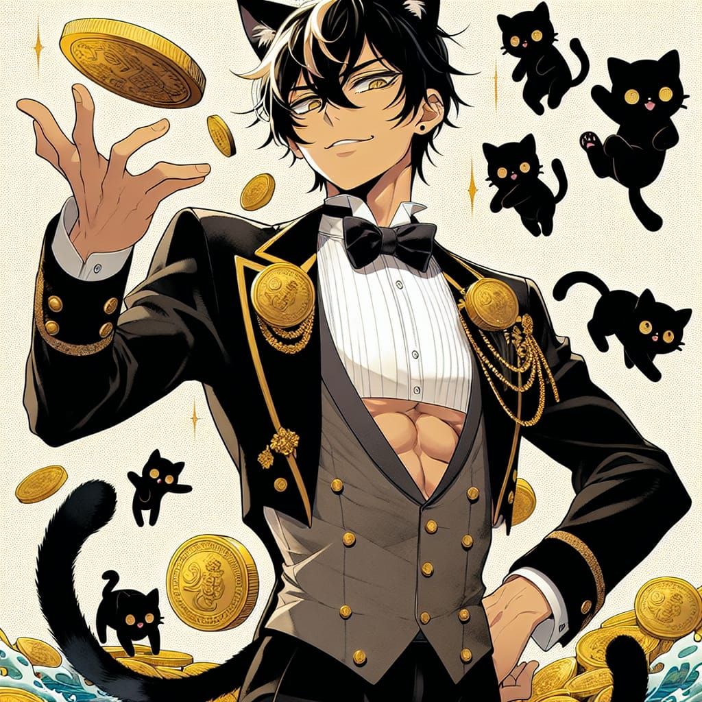 Teen Catboy in Tuxedo Flipping Coin, Manga Style