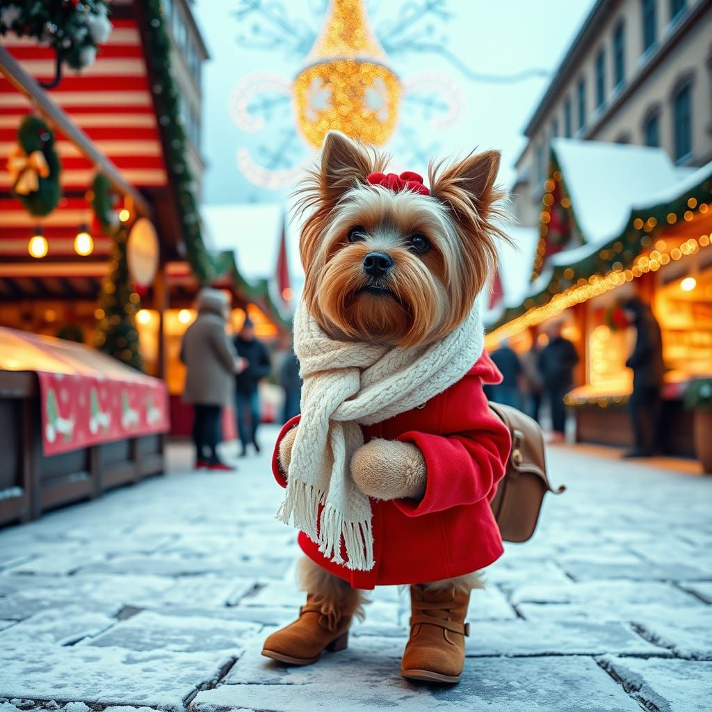 Cute Yorkie in Festive European Christmas Market