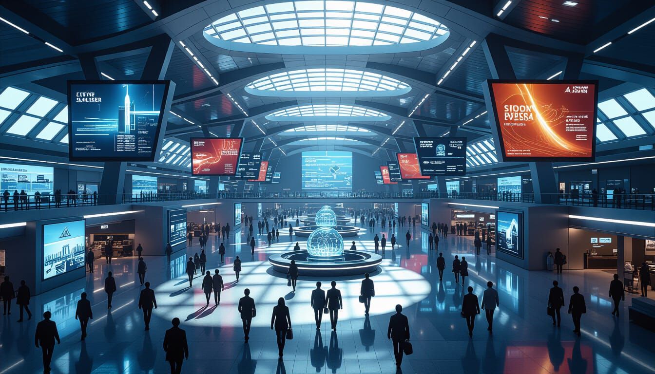 Bustling Futuristic Airport Terminal with Holographic Ads