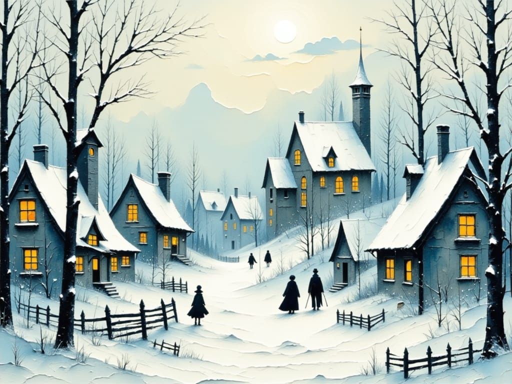 Whimsical Winter Village Scene in Watercolor Style