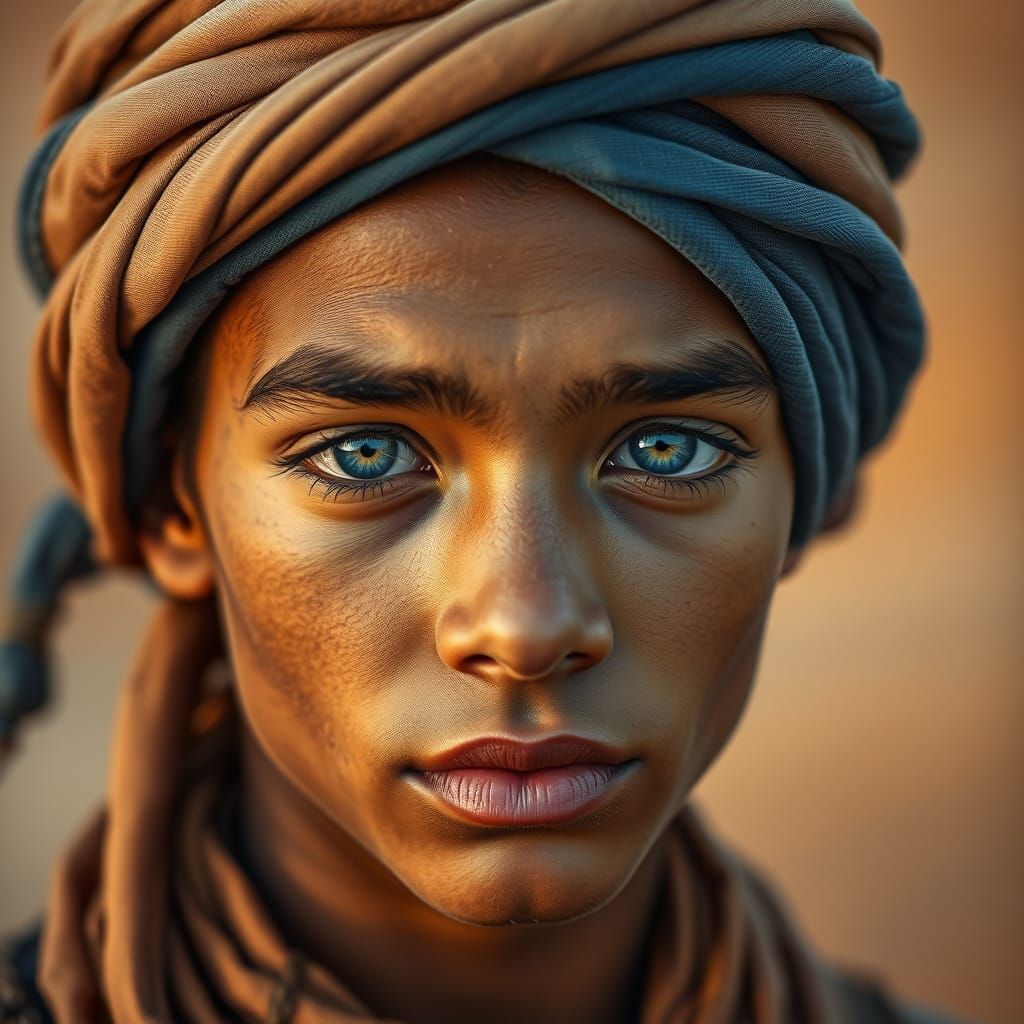 Striking Desert Nomad Portrait in Hyperrealistic Style