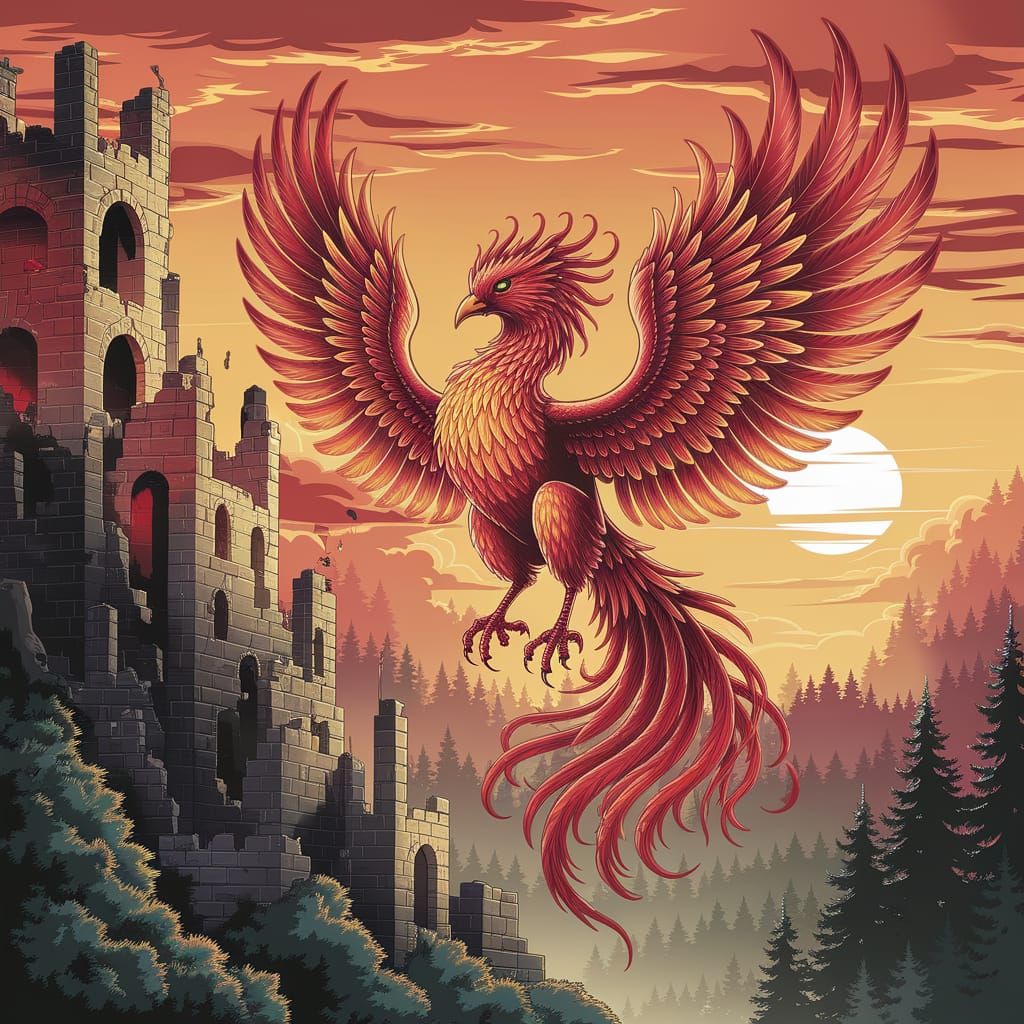 Majestic Phoenix Rises from Ancient Castle Ashes in Golden S...