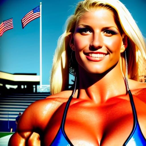 Blonde Woman Wrestler with Championship Belt in Arena