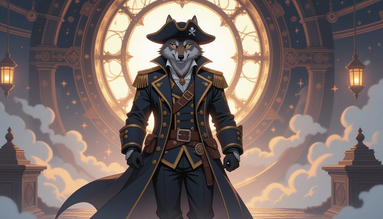 Wolf Pirate Captain in Spaceship, Cosmic Illustration