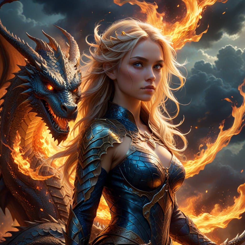Epic Fantasy Art: Majestic Woman Rides Dragon Amidst Flames