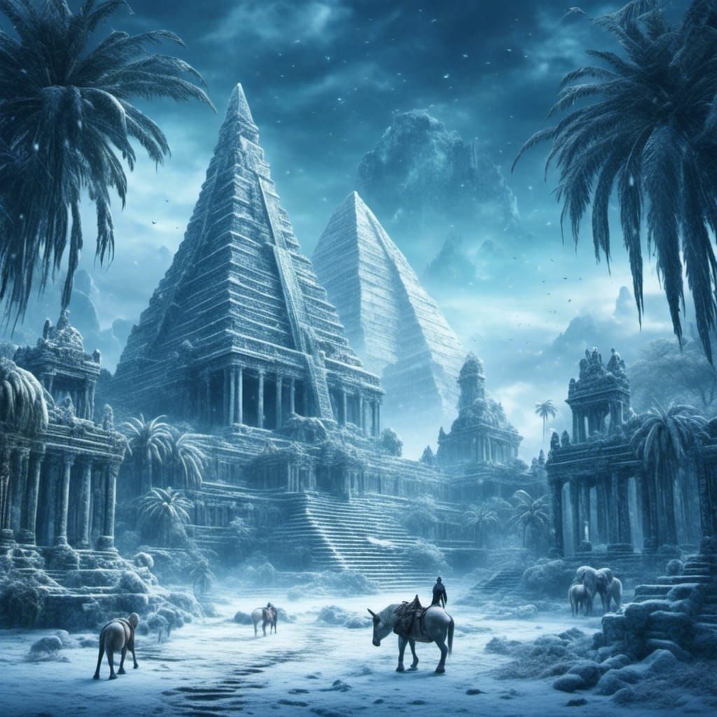 Icy Landscape with Mayan Ruins in Blizzard