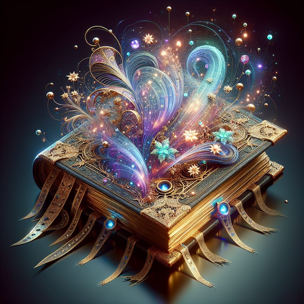 Ethereal Golden Book with Gemstones: Fantasy Concept Art