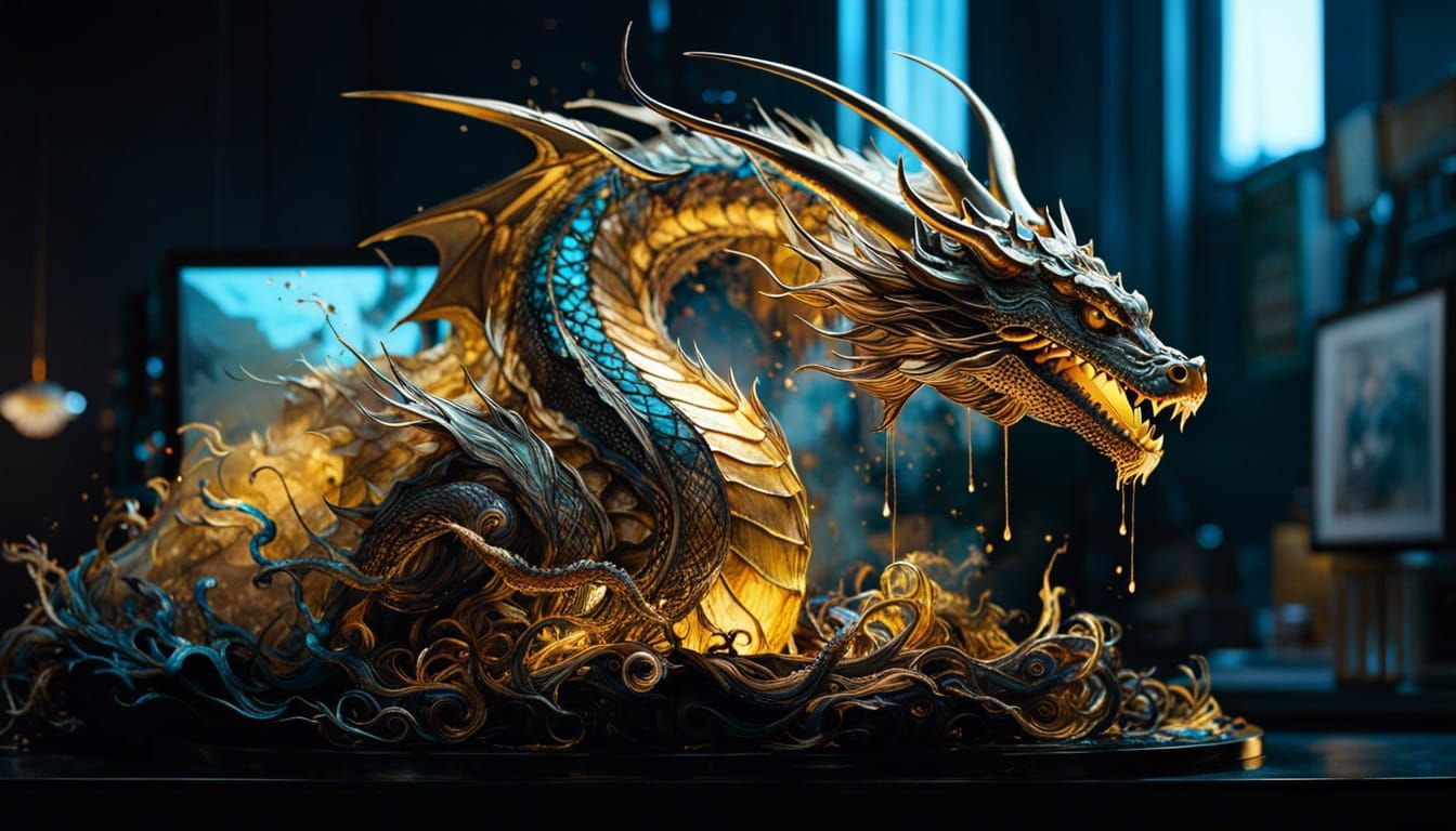 Liquid Ink Dragon in Golden Hour Light