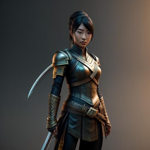 Asian Girl with Swords in 3D Cinematic Style