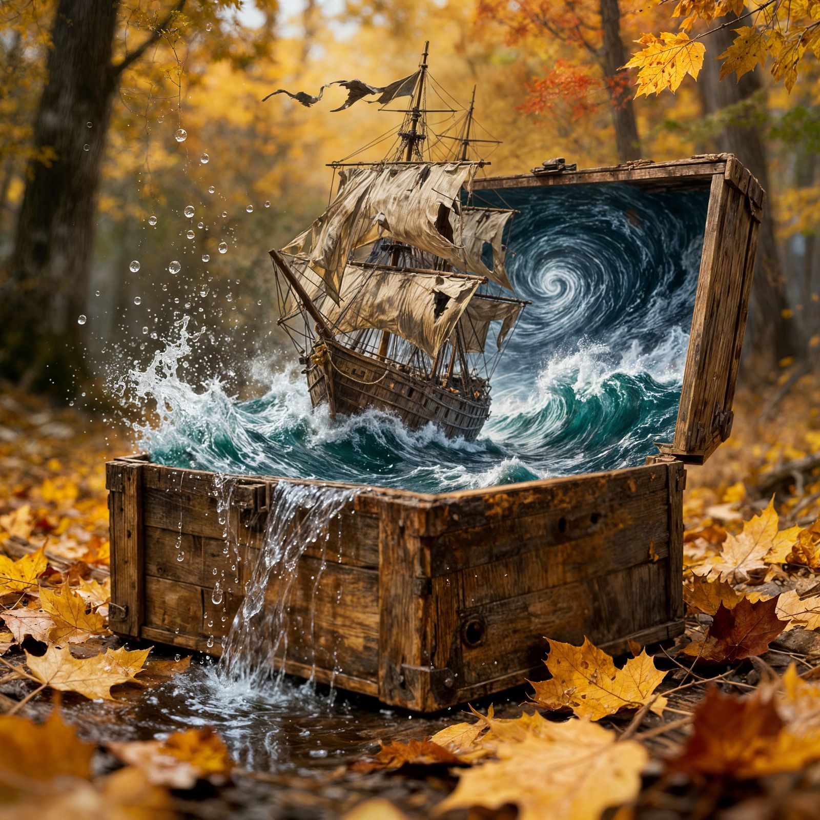 Surreal Crate Holds Stormy Ocean & Ship in Autumn