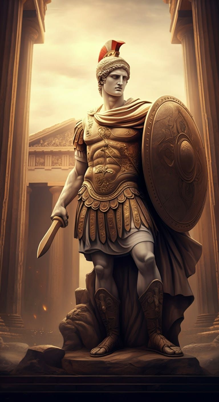 Ancient Roman Warrior in Epic White Marble with Gold Accents