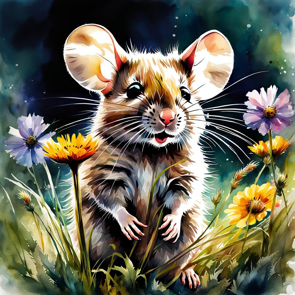 Baby Mouse in Summer: Digital Watercolor Art