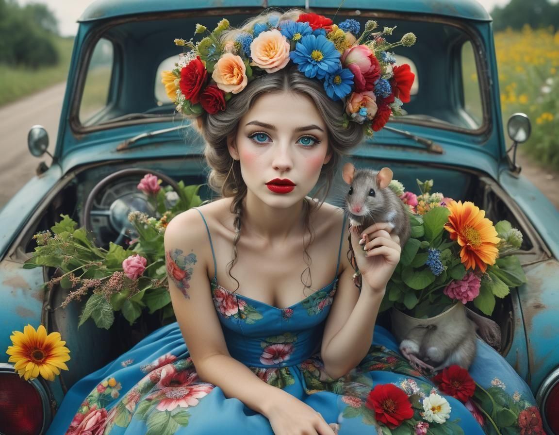 Woman with Flowers and Rat in Surreal Photography