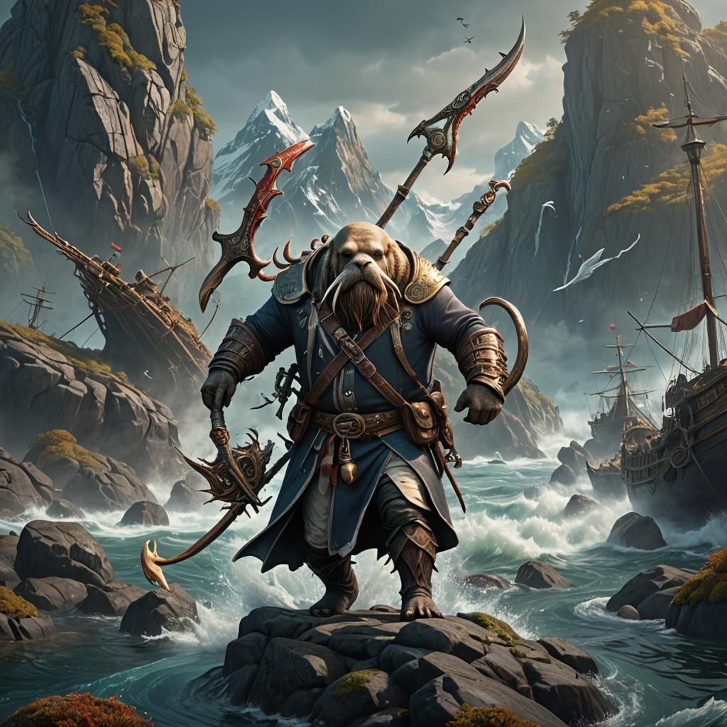 Walrus-Human Hybrid with Harpoon: Fantasy Concept Art