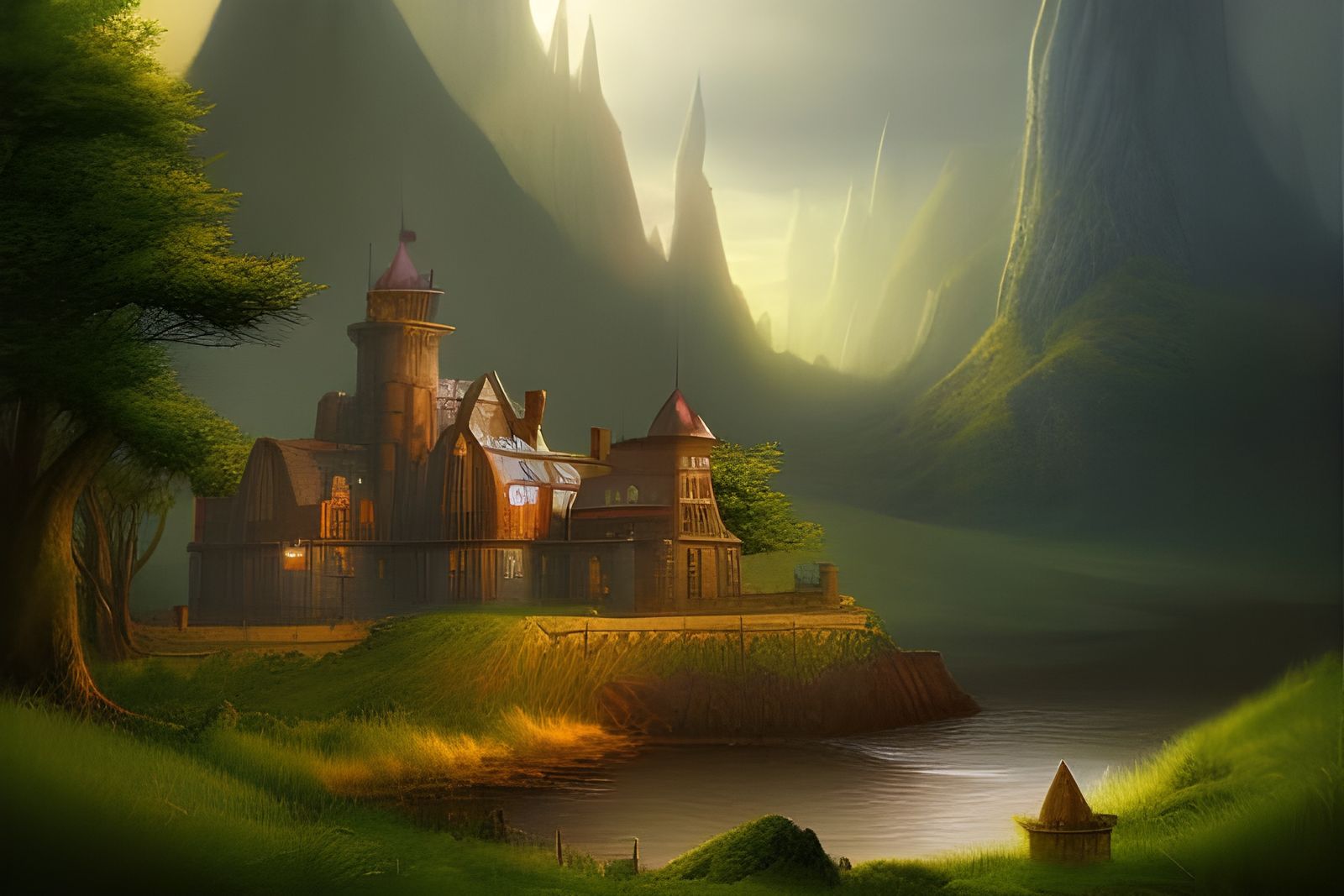 Majestic Castle Overlooking Forest in Digital Painting Style