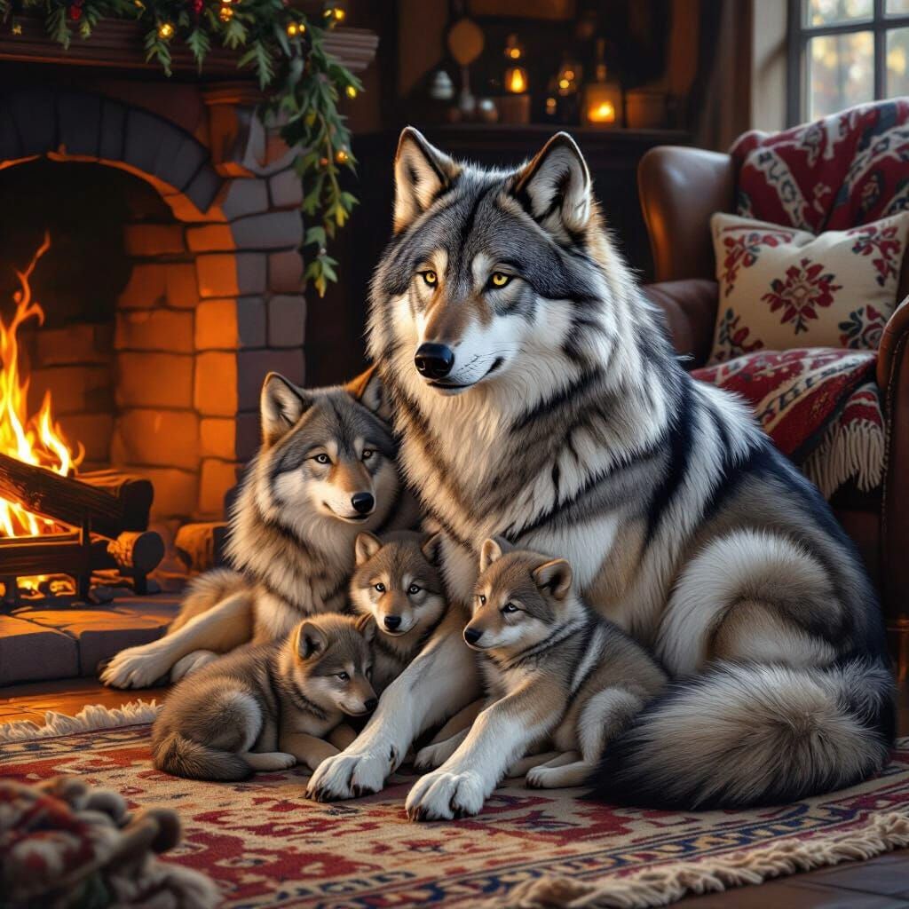 Majestic Wolf Family in Cozy Cottage Digital Painting