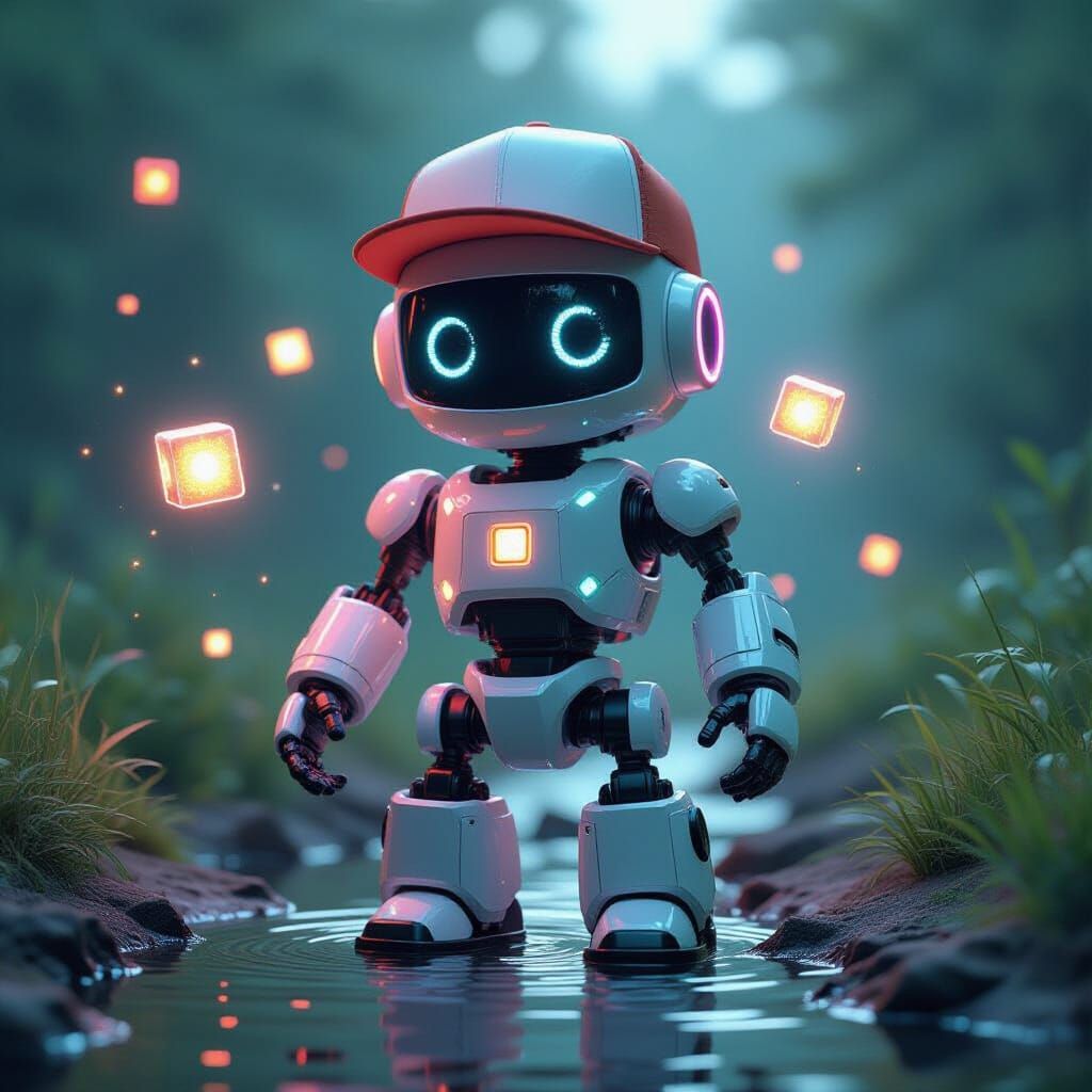 Charming Robot with Glowing Cubes in 3D