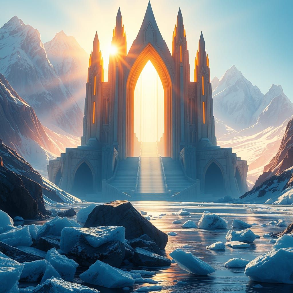 a majestic Primal Mythtech temple stands at sunrise on an icy river in mountainous terrain with a blue sky and sun rays ...