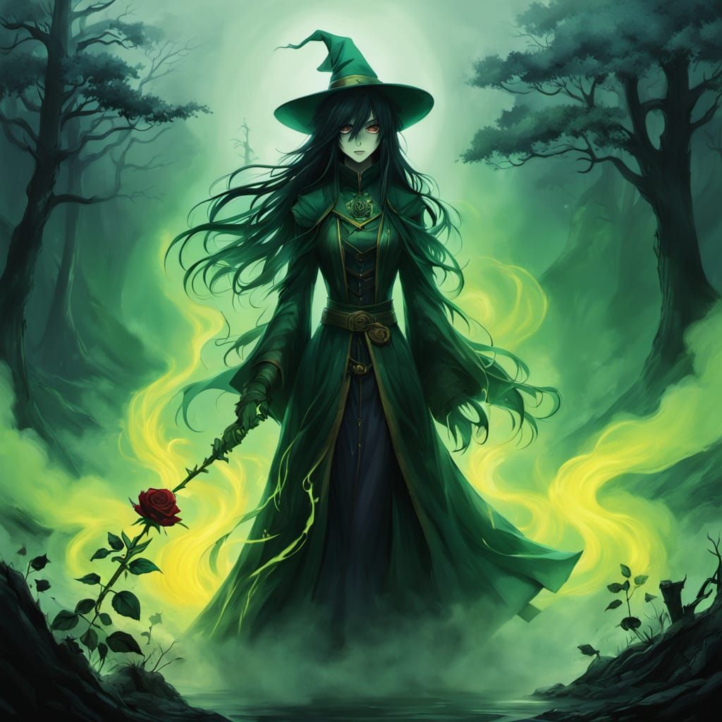 Ethereal Anime Witch in Toxic Yellow-Green Haze