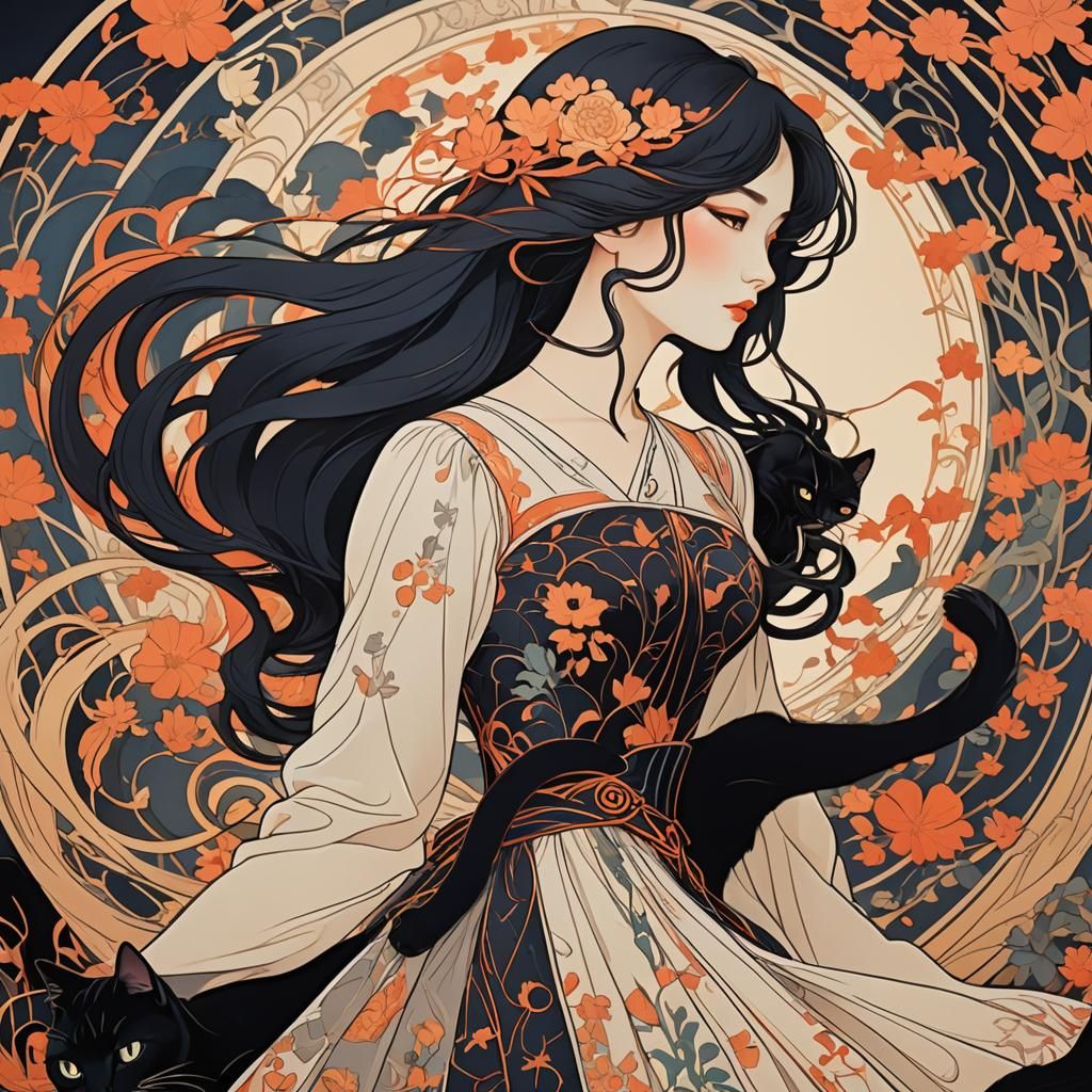 Elegant Girl and Black Cat in Art Nouveau Style