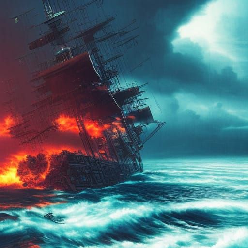 Pirate Ship Navigating Strange Ocean in Digital Painting Sty...