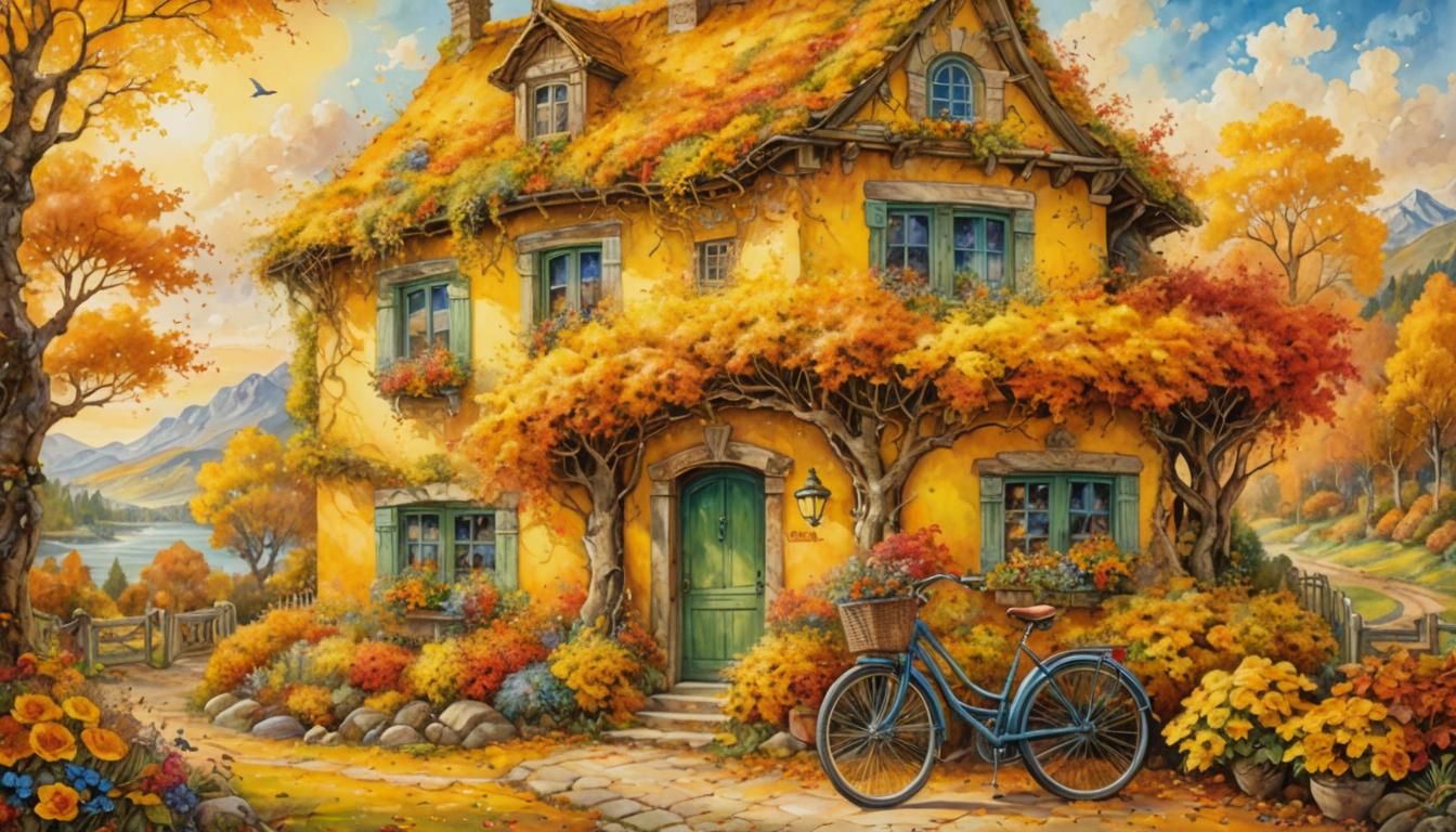 Autumn Cottage Scene with Bicycle as Wall Art