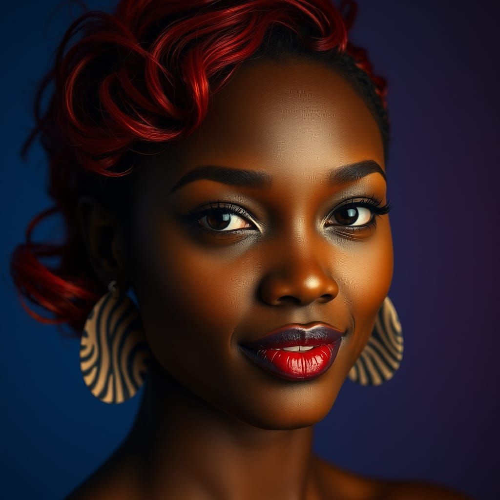 Elegant Black Woman in Red Hair and Zebra Earrings