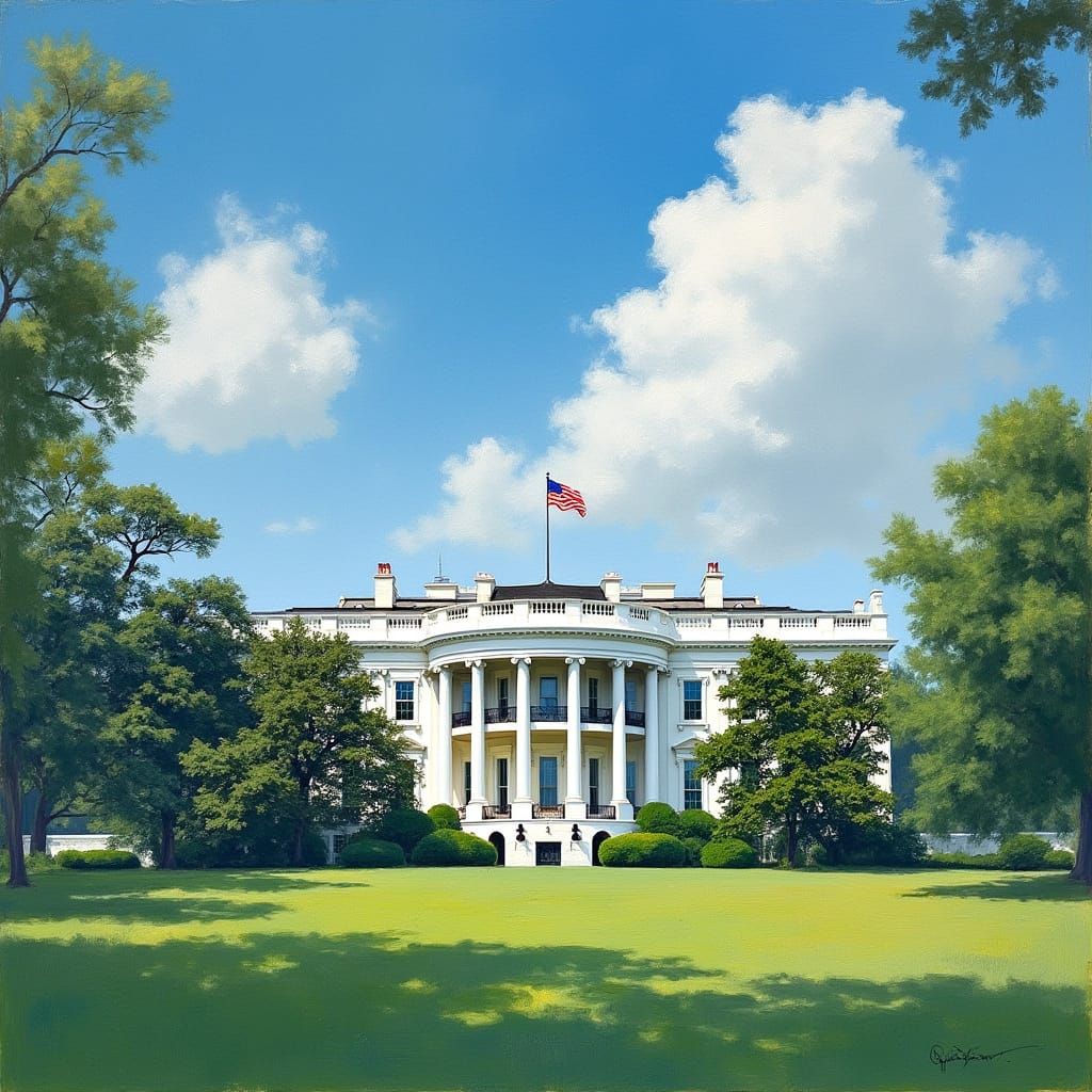 Impressionist White House with American Flags in the Backgro...