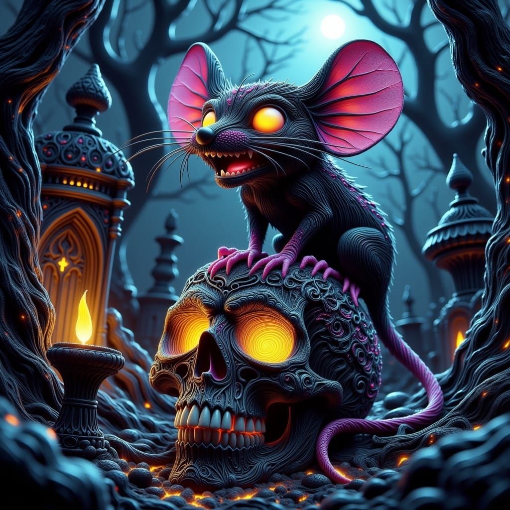 Evil Cartoon Mouse Laughs on Skull in Gothic Comic Style