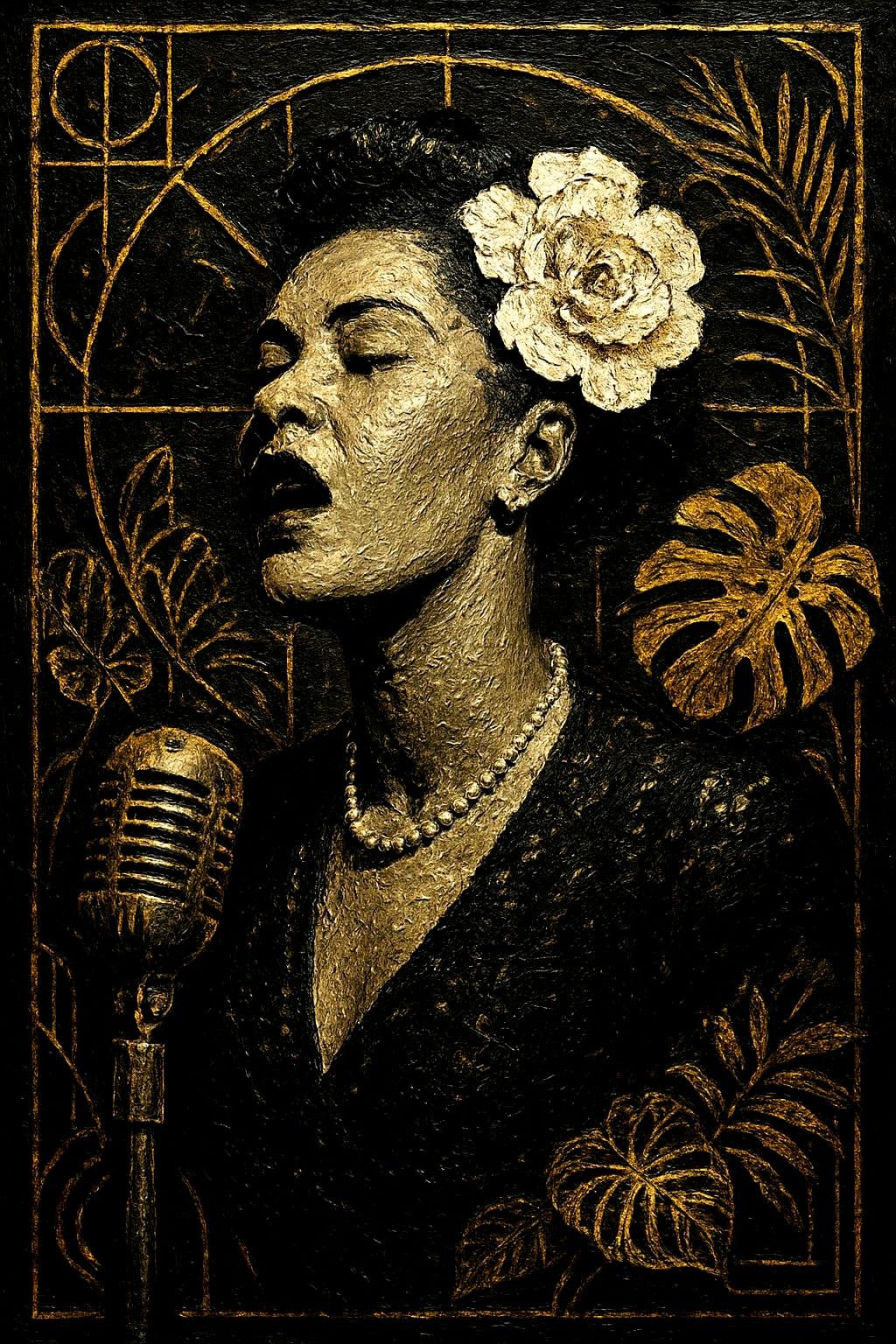 Billie Holiday in Art Deco Style with Floral Elements