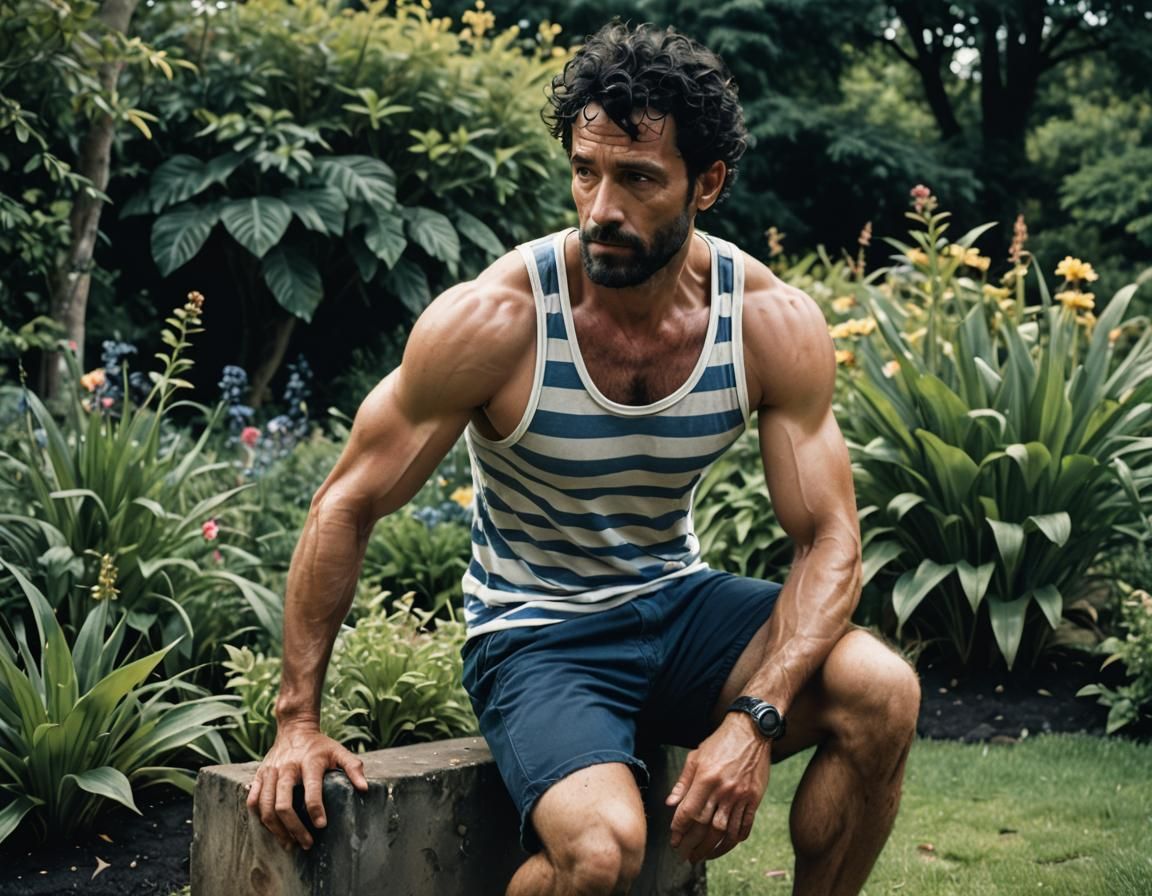 Handsome Man Gardening: Cinematic Film Still