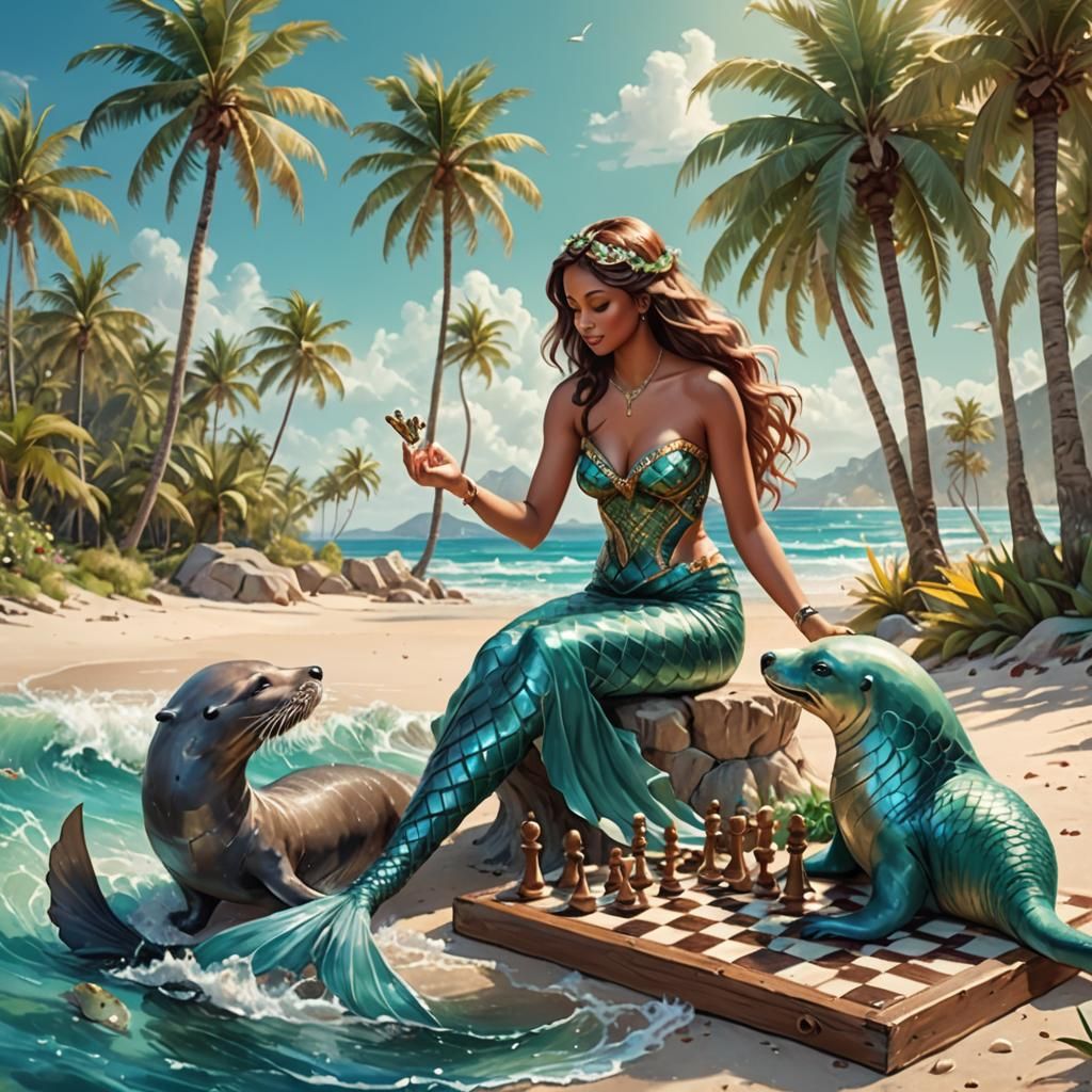 Mermaid and Sea Lion Chess Game on Beach