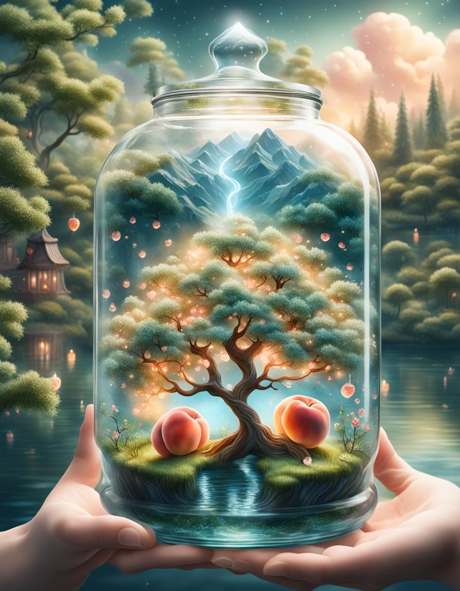 Magical Peach Tree of Life in Glass Jar