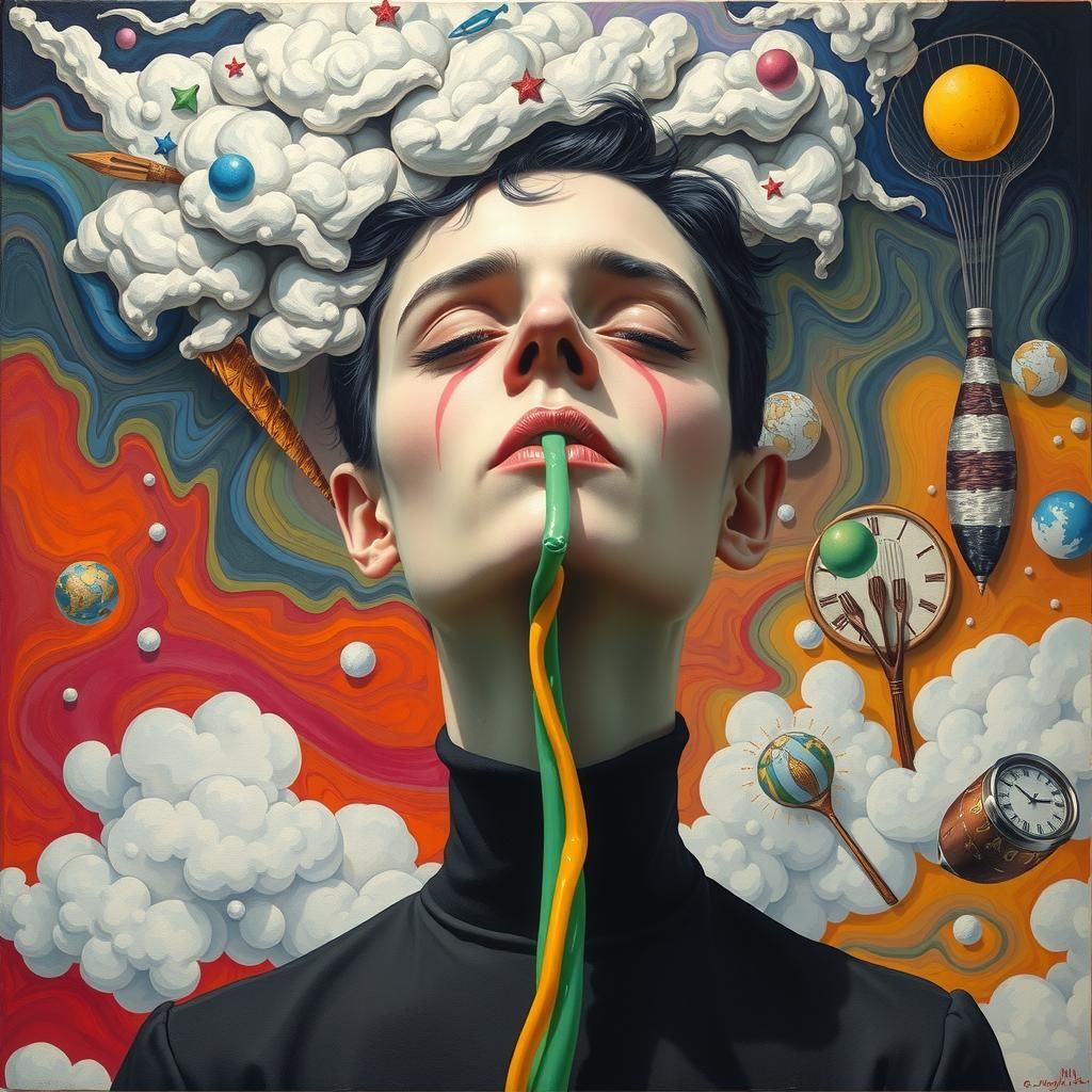 Surreal Person with Plastic Straw Neck