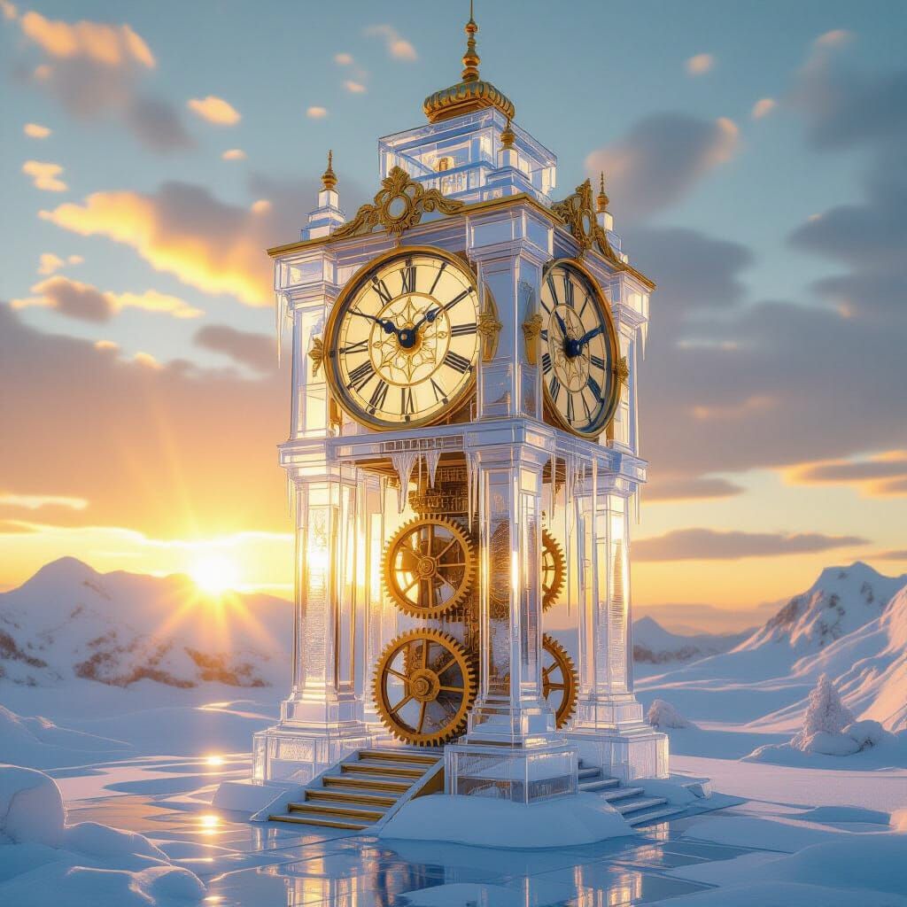 Icy Clocktower Melts in Golden Sunlight
