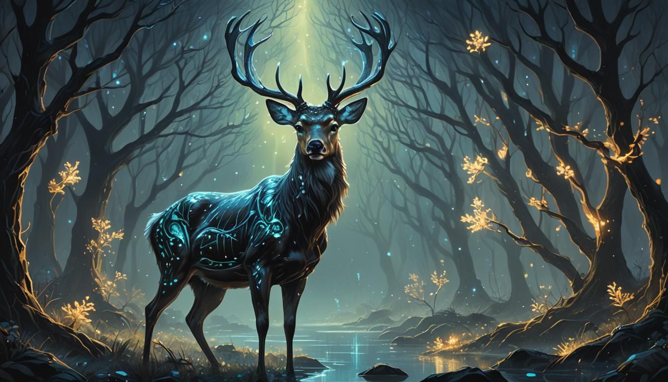 Bioluminescent Deer in Ornate Fantasy Oil Painting