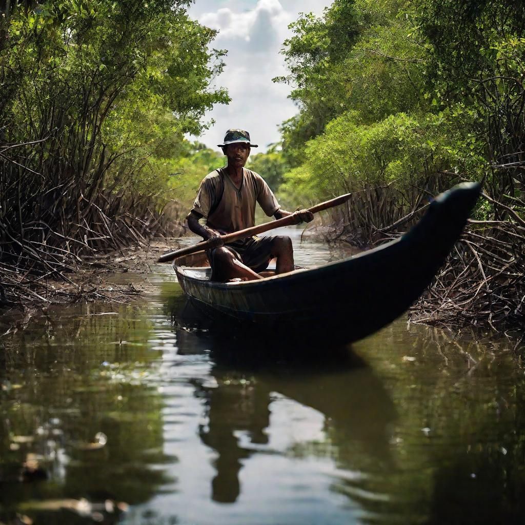 Pirogue Paddling Through Mangrove Forest: Cinematic Still