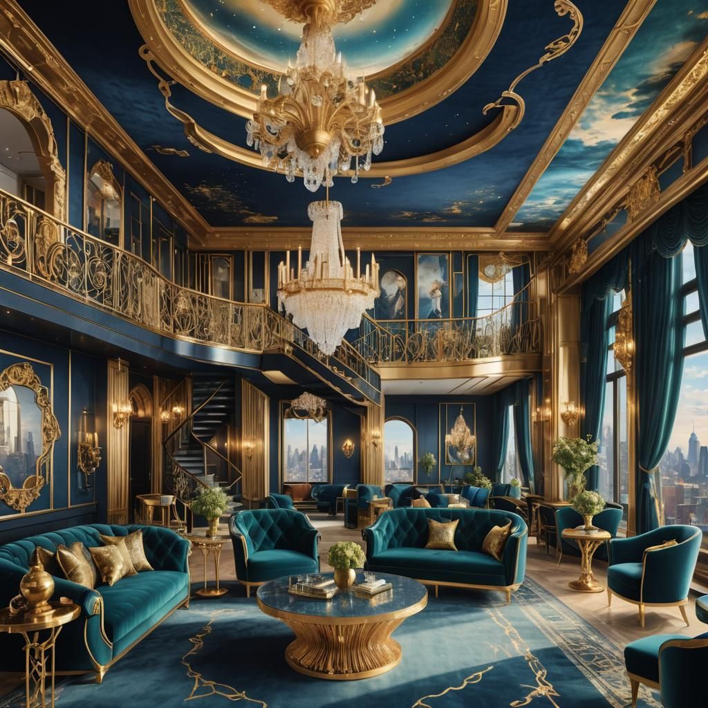 Luxurious Maximalist Penthouse Interior in Art Deco Style