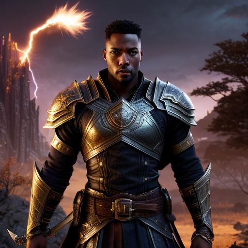 Black Warrior with Sword in Stormy Sky