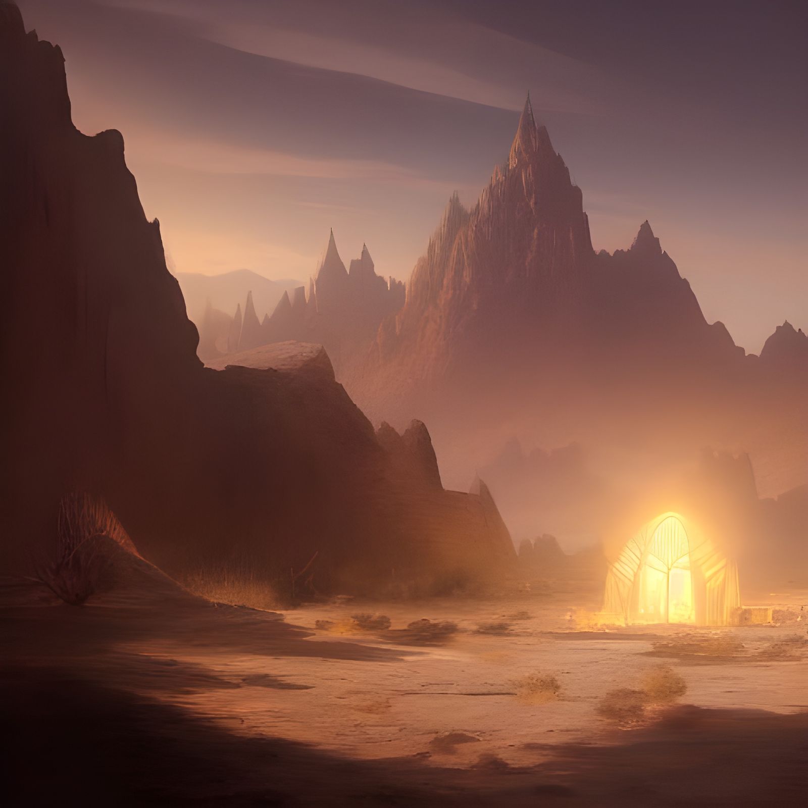 Desert Oasis with Shelter: Dark Fantasy Concept Art