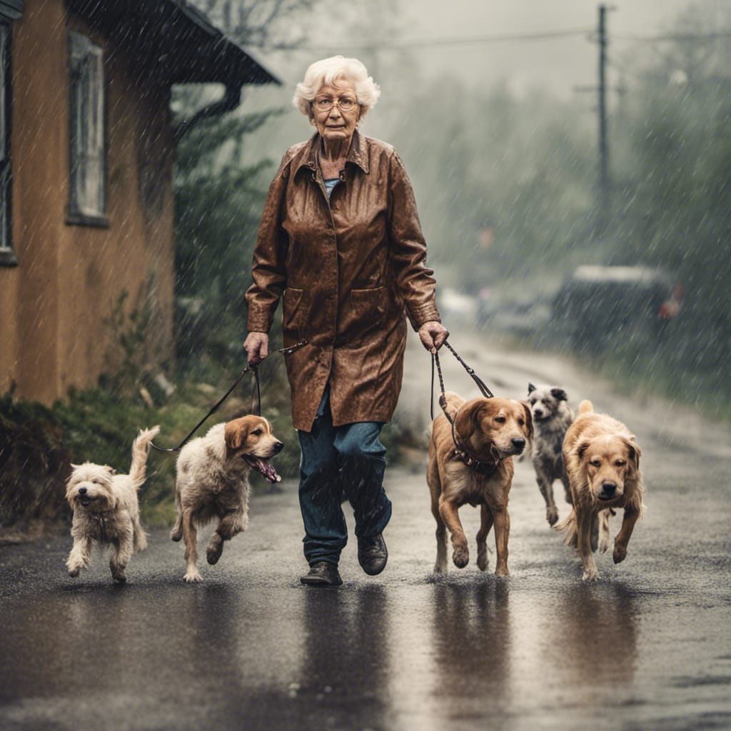 Rainy Day Walk: Woman and Dogs in the Downpour