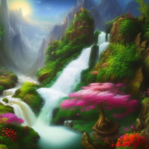 Heavenly Garden with Mountains and Waterfall