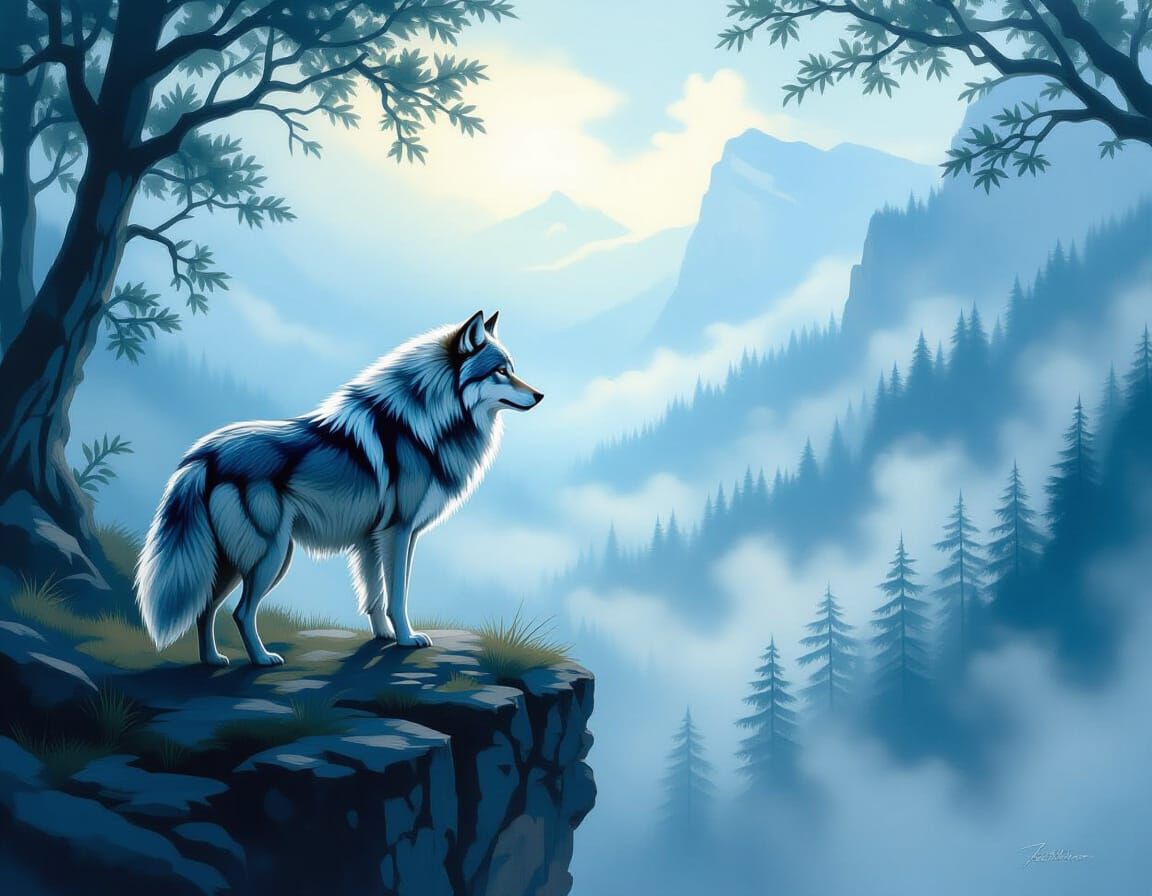 Majestic Wolf in Misty Forest Oil Painting